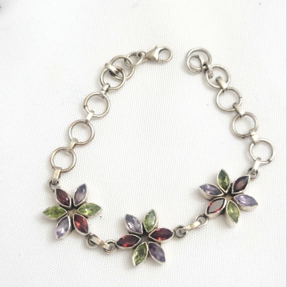 Vintage Geuine Multi Gemstone Sterling Silver Bracelet 7"inch